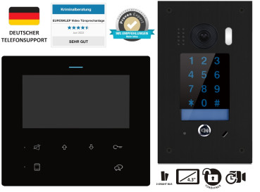 Videotürsprechanlage mit schwarzer Außenstation ZD611, Codetastatur und einem Innenmonitor